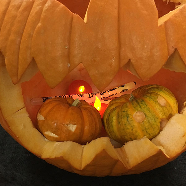 We added 2 tea lights and 3 cheap glow sticks to this pumpkin