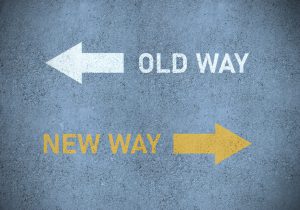 Old way arrow pointing left and new way arrow pointing right
