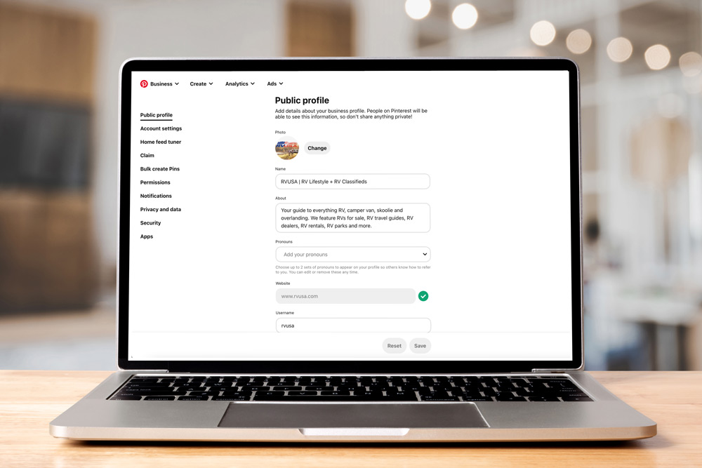 Editing Your Business' Pinterest Profile One of the most important parts of using Pinterest for your business is optimizing your profile. This screenshot shows you what that should look like.