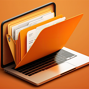 Orange file folders laying  against laptop screen opening downward towards keyboard