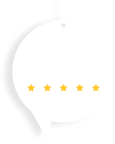 White chat bubble containing 5 gold stars.