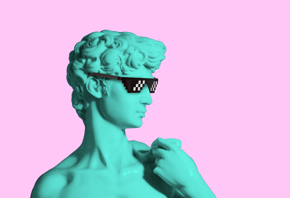 david sculpture wearing pixel sunglasses over a pink background