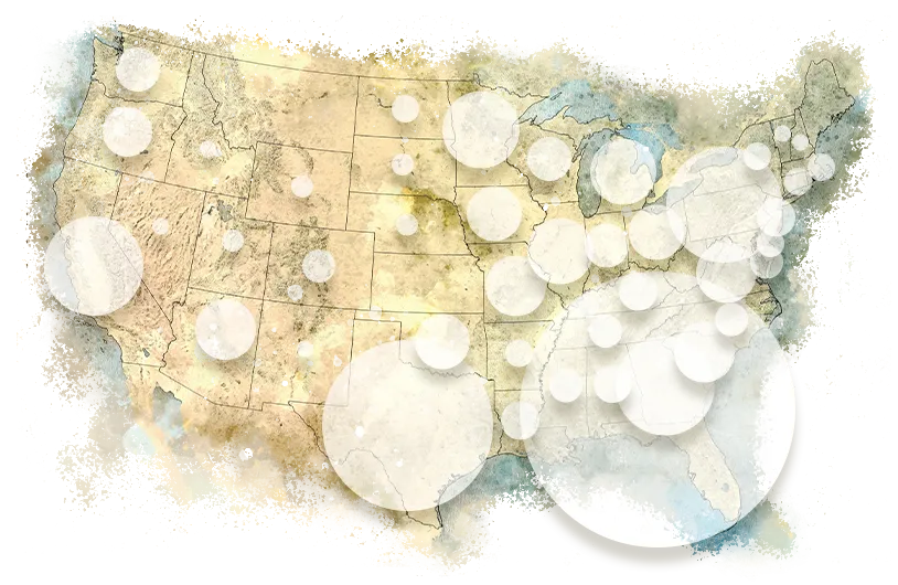 Bubble graph over a map of the United States for areas we serve.